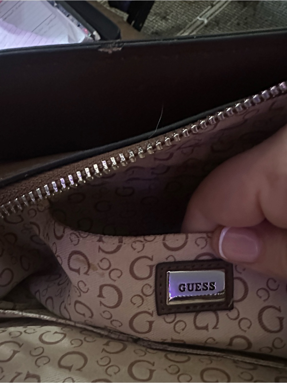 GUESS Brown and Tan Logo Satchel - Picture 3 of 5